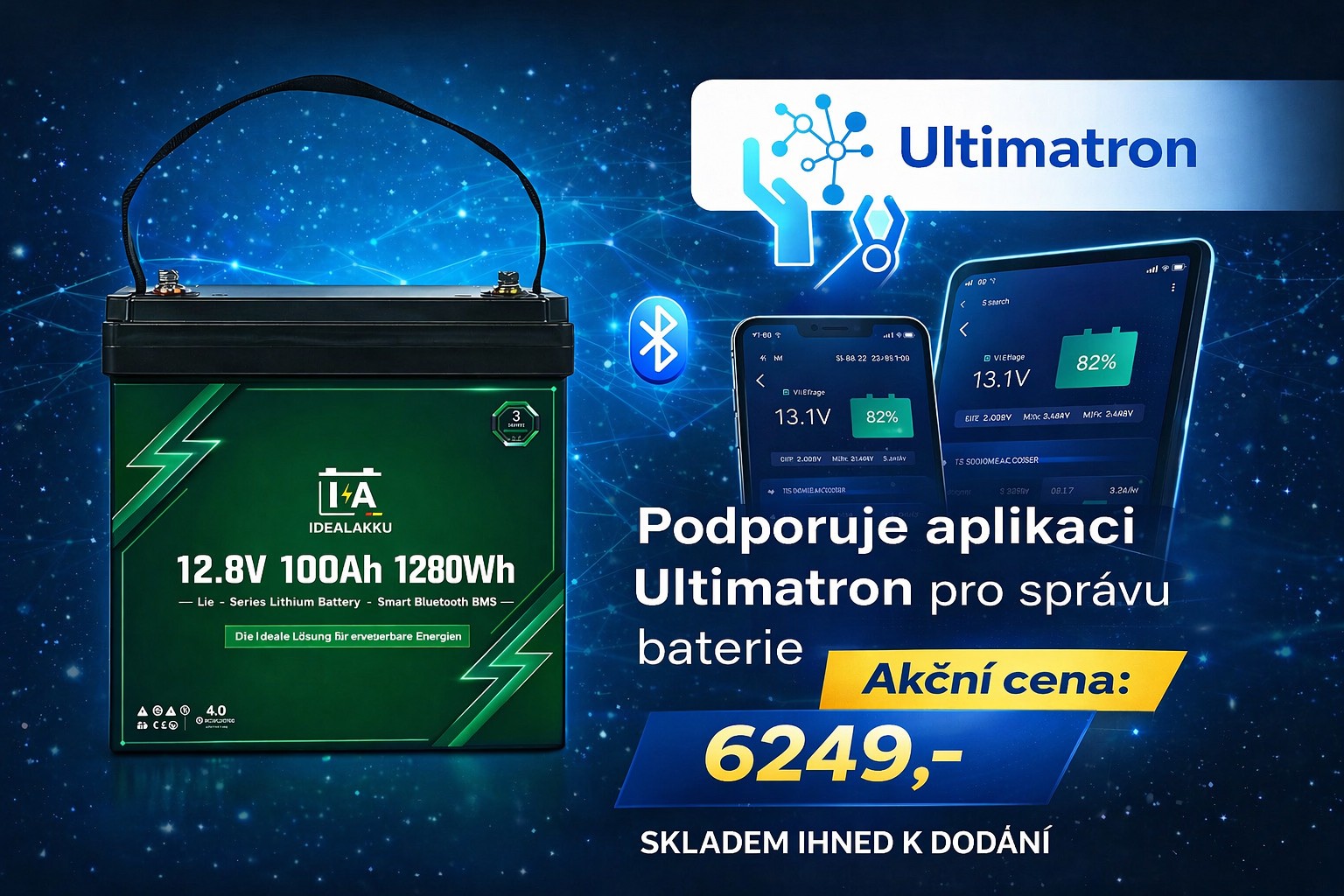 Qoltec 53714 LiFePO4 lithiová železná fosfátová baterie | 12,8V | 100Ah | 1280 Wh | Bluetooth | BMS
