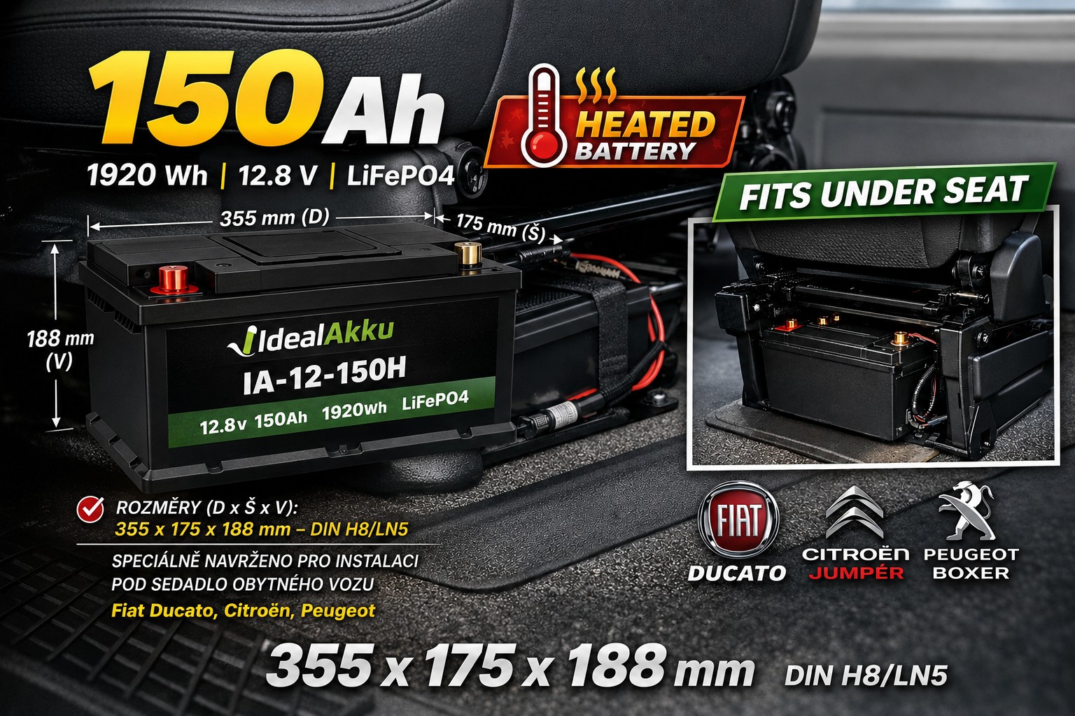 IdealAkku IA-12-150H LiFePO4 baterie 150Ah s ohřevem pod sedadlo Fiat Ducato DIN H8/LN5