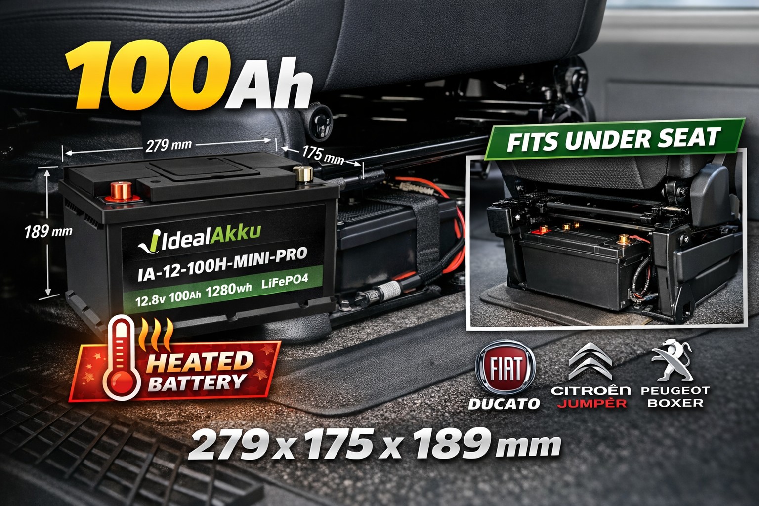 LiFePO4 baterie pod sedadlo Fiat Ducato rozměry 279x175x189 mm