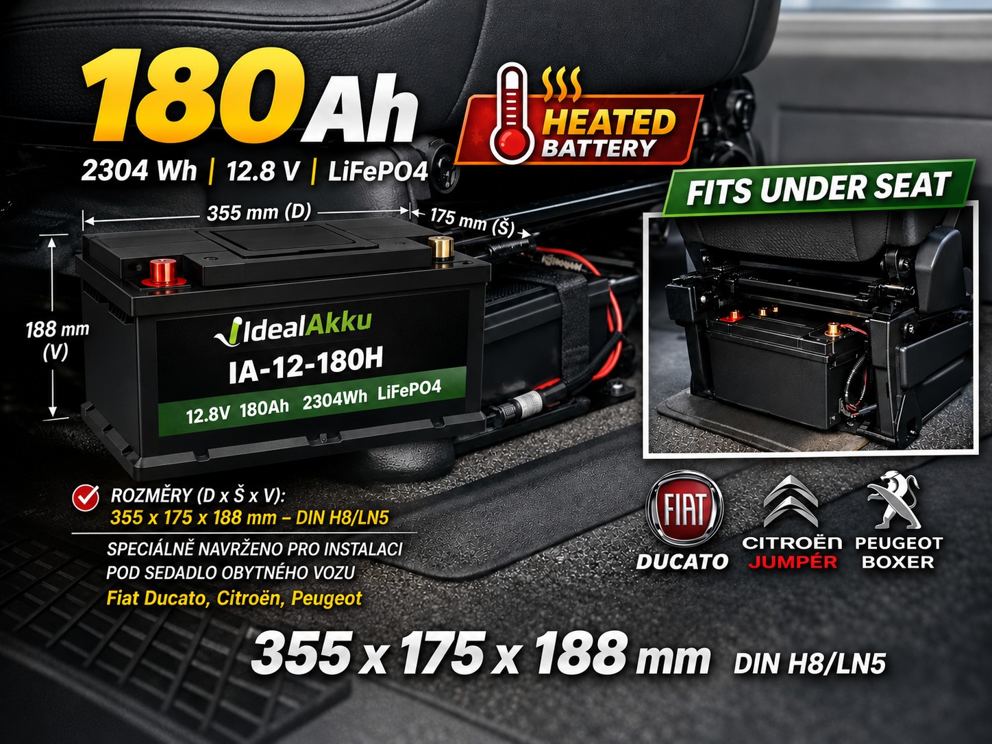 IdealAkku IA-12-180H – 180Ah LiFePO4 baterie pod sedadlo IdealAkku IA-12-180H LiFePO4 baterie 180Ah 2304Wh s ohřevem pod sedadlo Fiat Ducato Citroën Jumper Peugeot Boxer – rozměry 355 × 175 × 188 mm DIN H8 LN5