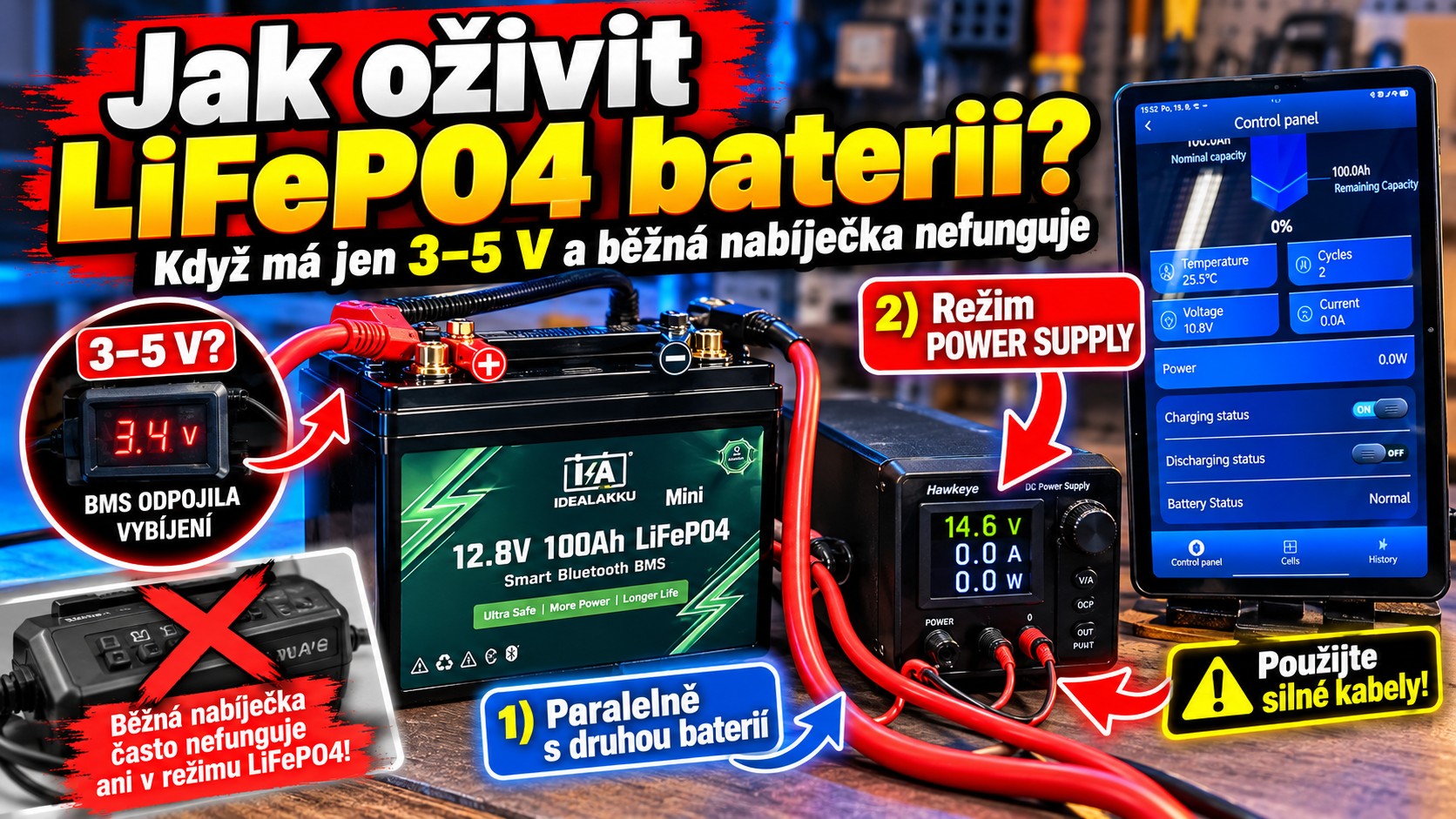 Jak oživit hluboce vybitou LiFePO4 baterii – IdealAkku Mini 100Ah, ochrana BMS, nabíjení pomocí druhé baterie a režimu POWER SUPPLY