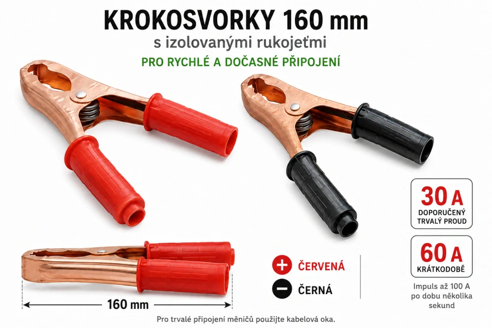 *Bateriové krokosvorky 160 mm, 12–24 V, max. 30 A – červená a černá, 2 ks