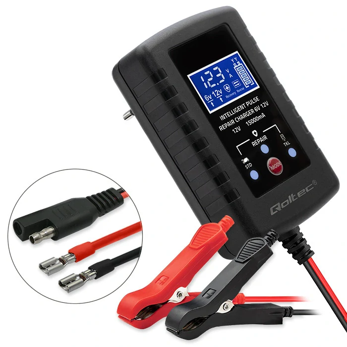*Qoltec 52426 Automatická nabíječka baterií Qoltec AGM GEL STD 6V/12V 2A | Nabíječka s funkcí opravy a LED displejem