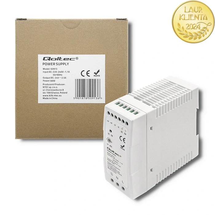 Qoltec 50913 – napájecí zdroj na DIN lištu 60 W / 24 V / 2,5 A / Bílý
