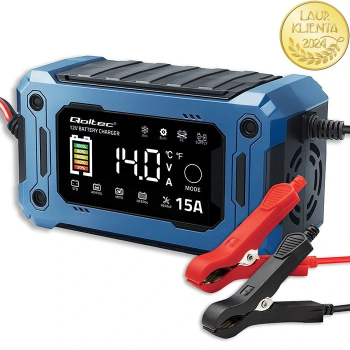 *Qoltec 52496 Intelligent Charger 12 V 15 A | Mikroprocesorová nabíječka LiFePO₄ / AGM / GEL s LCD displejem a režimem 14 V pro údržbu napětí