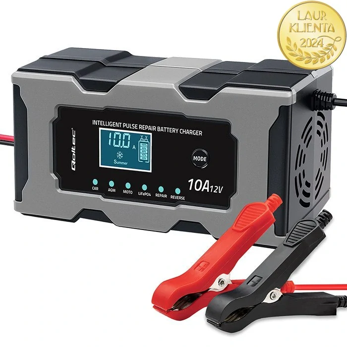 *Qoltec 52493 Inteligentní nabíječka baterií řízená mikroprocesorem LiFePO4, AGM, GEL, STD, WET | s funkcí opravy | 12V | 10A | LCD | 5 – režimu nabíjení