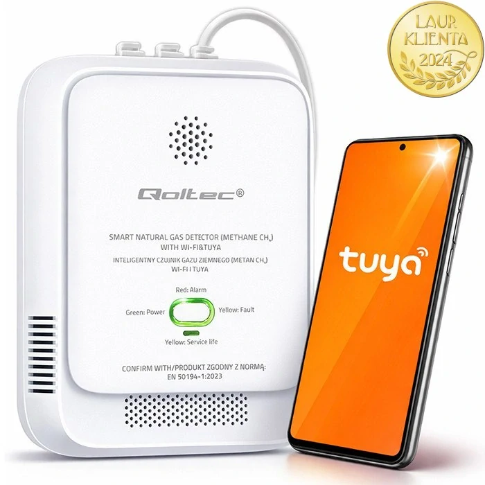 *Qoltec 52651 Qoltec WiFi detektor úniku zemního plynu CH4 | Tuya Smart | Alarm 85 dB | LED indikace