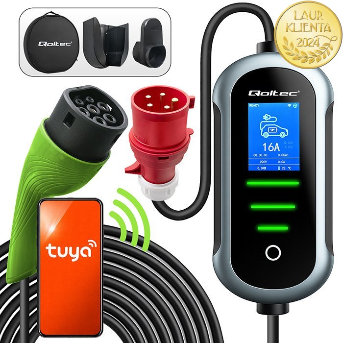 Qoltec 52720 Mobilní nabíječka Qoltec 2 v 1 Typ 2 – 11kW | 400 V | CEE 16A | Wi-Fi | TUYA | SMART LIFE | Nastavitelný proud | 5 m kabel