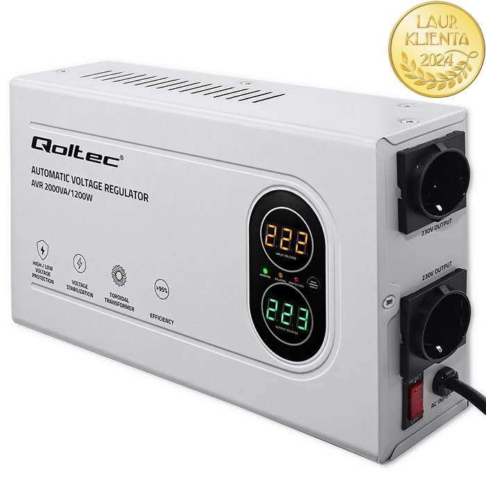Qoltec 50449 AVR 2000VA (1200W) – Automatický stabilizátor napětí 230 V | Toroidní transformátor