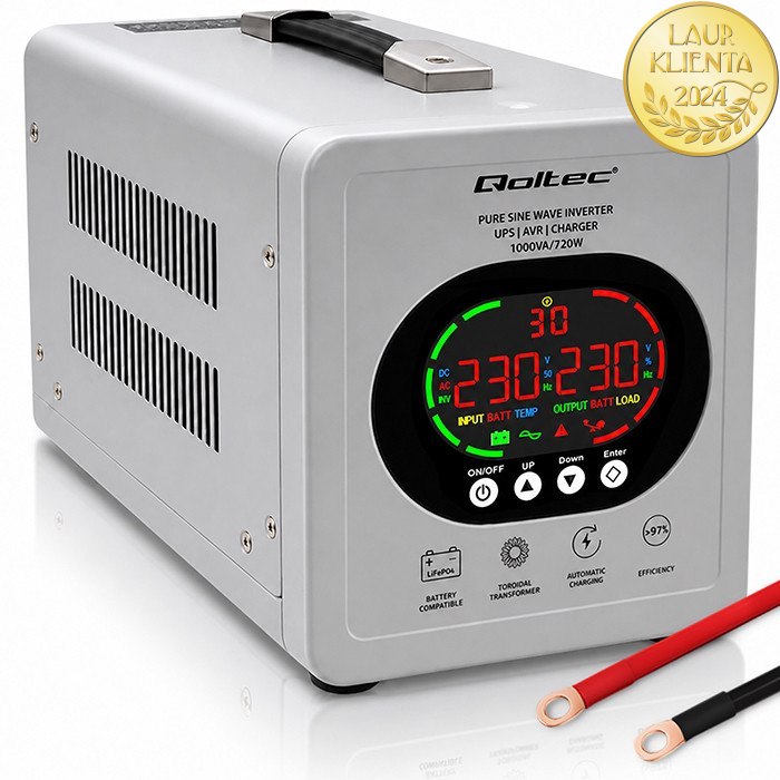 Qoltec 50451 UPS Čistá Sinusoida 1000VA/720W AVR LCD | Záložní zdroj 12V/230V pro LiFePO4 AGM GEL