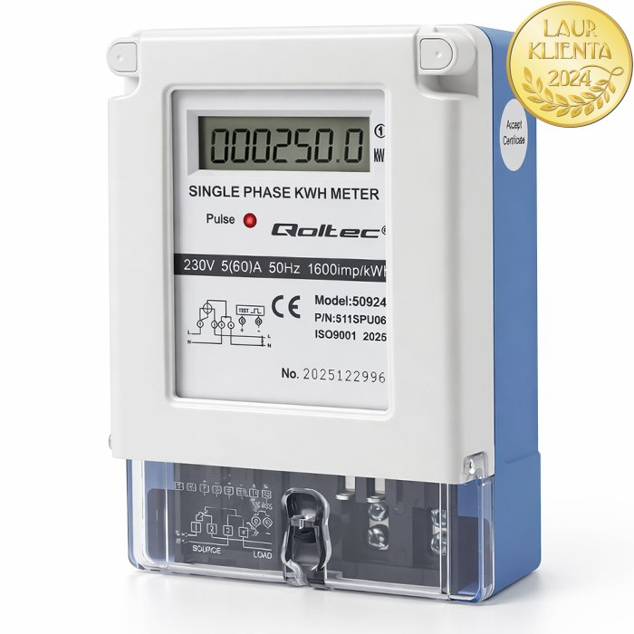 Qoltec 50924 Jednofázový digitální elektroměr 230V 5(60)A LCD | Měřič spotřeby elektrické energie na DIN lištu