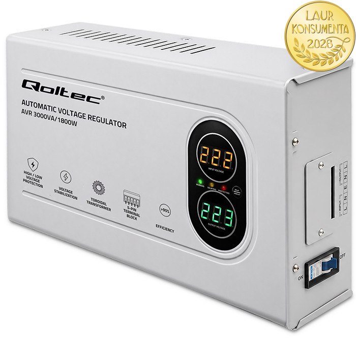 Qoltec 50450 AVR 3000VA (1800W) – Automatický stabilizátor napětí 230 V | Toroidní transformátor