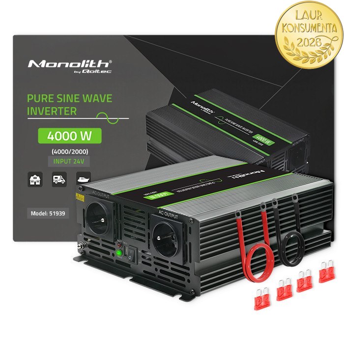 *Qoltec 51939 Měnič napětí 24V/230V 2000W (4000W) čistý sinus | Karavan, LiFePO4, solární systém.