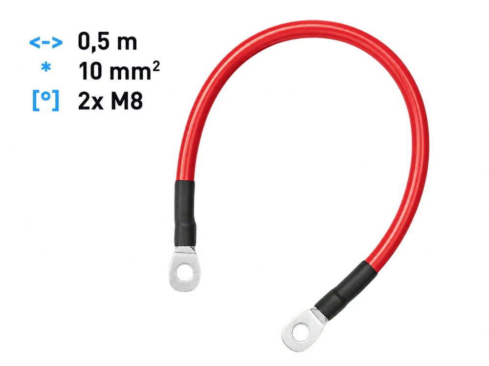 *Propojovací kabel pro baterie, měniče napětí délka 50cm, 10mm2, 2x očko M8 - červený