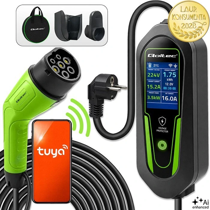Qoltec 53180 Mobilní nabíječka EV 2v1 Typ 2 | 3,5 kW | 230 V Schuko 16 A | Wi-Fi Tuya Smart Life | 5 m