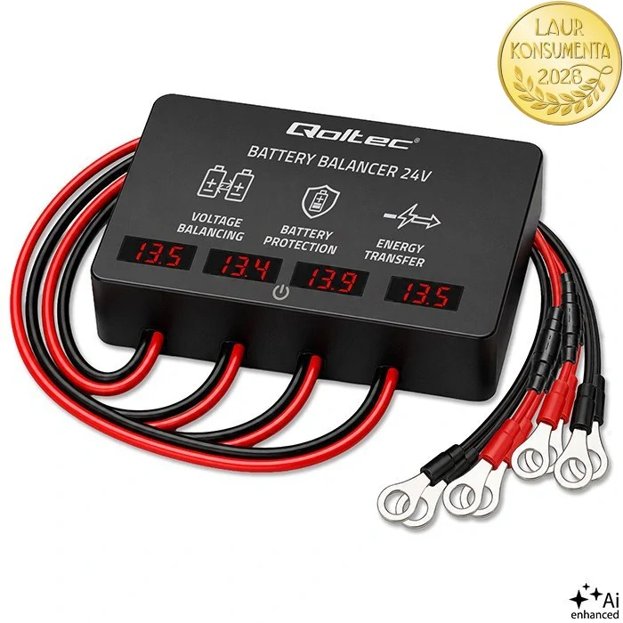 Qoltec 51079 Balancer baterií 48V 4×12V | 10A | LiFePO4 AGM GEL | LED displej