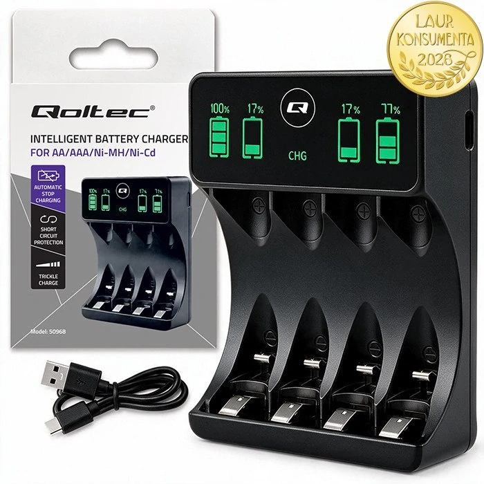 Qoltec 50968 Nabíječka akumulátorů AA/AAA (R6/R03) Ni-MH/Ni-Cd | LCD | USB-C