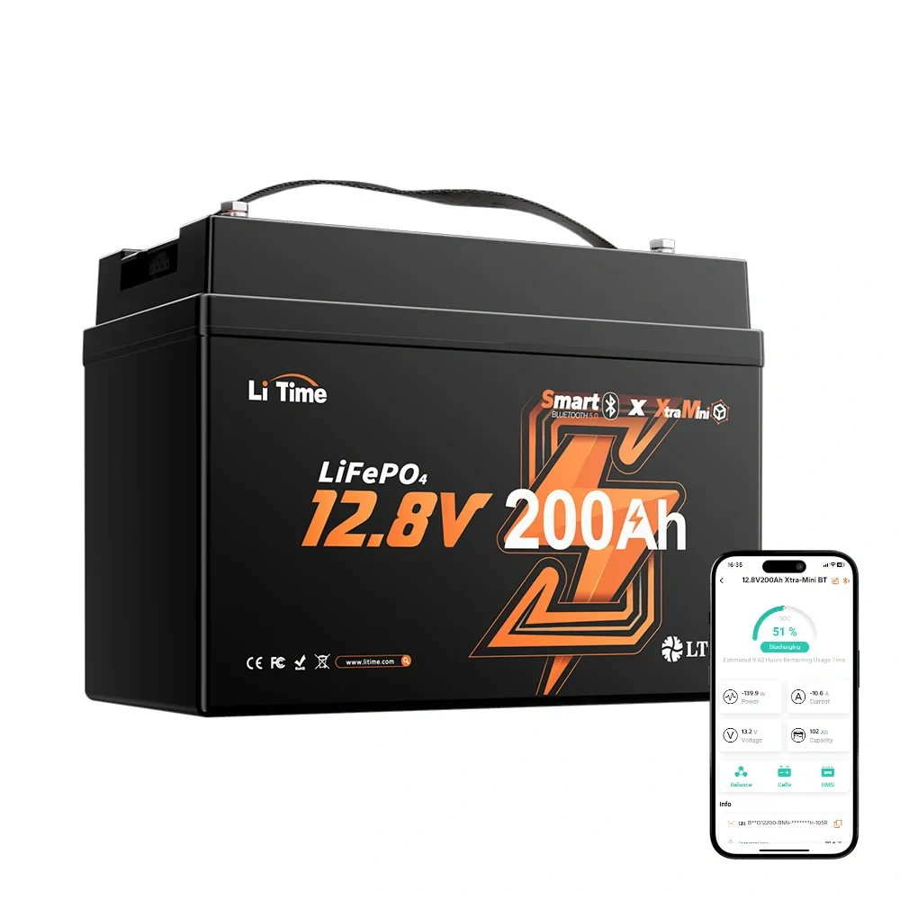 LiTime 12V 200Ah XTRA Mini LiFePO4 baterie 2560Wh – Bluetooth 5.0, 200A BMS, IP65, ochrana proti mrazu