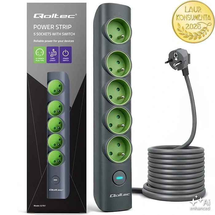 Qoltec 52761 prodlužovací kabel s vypínačem, 5 zásuvek s uzemněním, 1,8 m, 16 A / 3 680 W