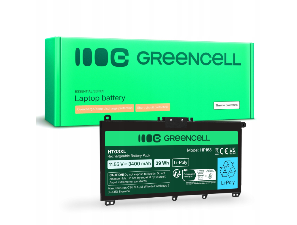 *Green Cell HP163 Baterie HP HT03XL,HP 240 G7 245 G7 250 G7 255 G7, HP 14 15 17, HP Pavilion 14 15 3400mAh Li-Pol