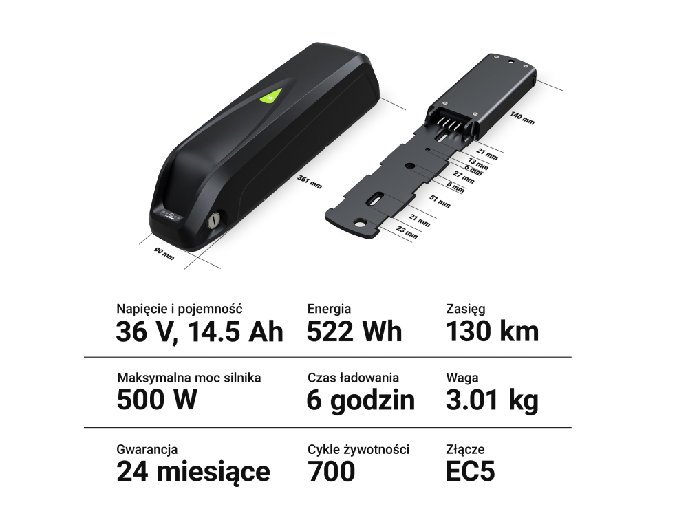 *Green Cell PowerMove EBIKEGCF01 Baterie pro Elektrokola Down Tube s Nabíječkou 36V 14,5Ah 522Wh Li-Ion