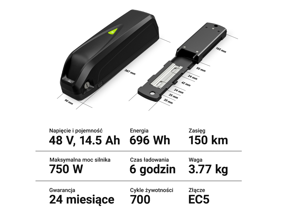 *Green Cell EBIKEGCF03 Baterie pro Elektrokola Down Tube s Nabíječkou 48V 14,5Ah 696Wh Li-Ion
