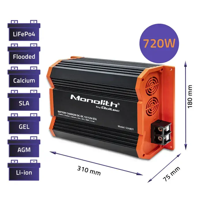 Qoltec 52481 Nabíječka Monolith DC-DC pro baterie LiFePO4, AGM 12V - 12V | 60A | 720W