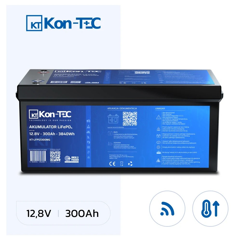 ❄️Baterie Kon-Tec Blue Line KT-LFP12300 Lithium-železo-fosfátová LiFePO4 baterie 12V, 12,8V 300Ah, 3840Wh - Wireless BMS System + funkce ohřevu baterie