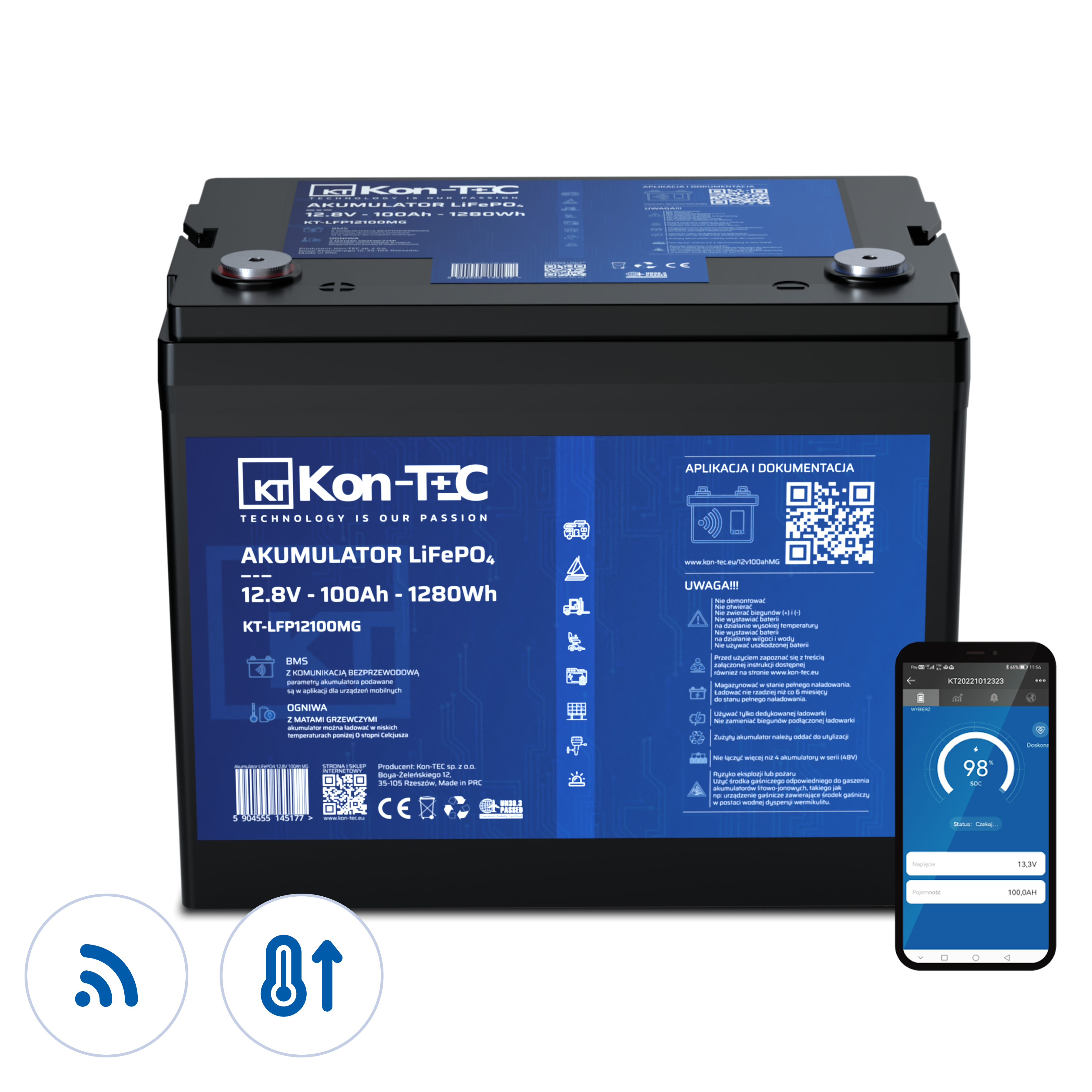 ❄️Baterie Kon-Tec Blue Line KT-LFP12100 Lithium-železo-fosfátová LiFePO4 baterie 12V, 12,8V 100Ah, 1280Wh - Wireless BMS System + funkce ohřevu baterie