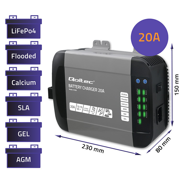 *Qoltec 51959 Intelligent Monolith nabíječka pro LiFePO4 AGM GEL SLA baterie | 20A | 12V