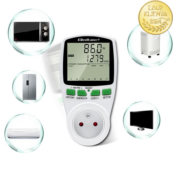 *Qoltec 50627 Měřič spotřeby energie Qoltec PM0627 s historií měření | 3680W | 16A | LCD