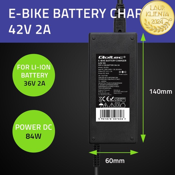 *Qoltec 50760 Nabíječka baterií pro elektrokola 36V | 42V | 2A | konektor 5,5*2,1