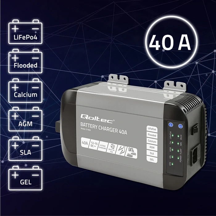 *Qoltec 51956 Intelligent Monolith nabíječka pro LiFePO4 AGM GEL SLA | 40A | 12V