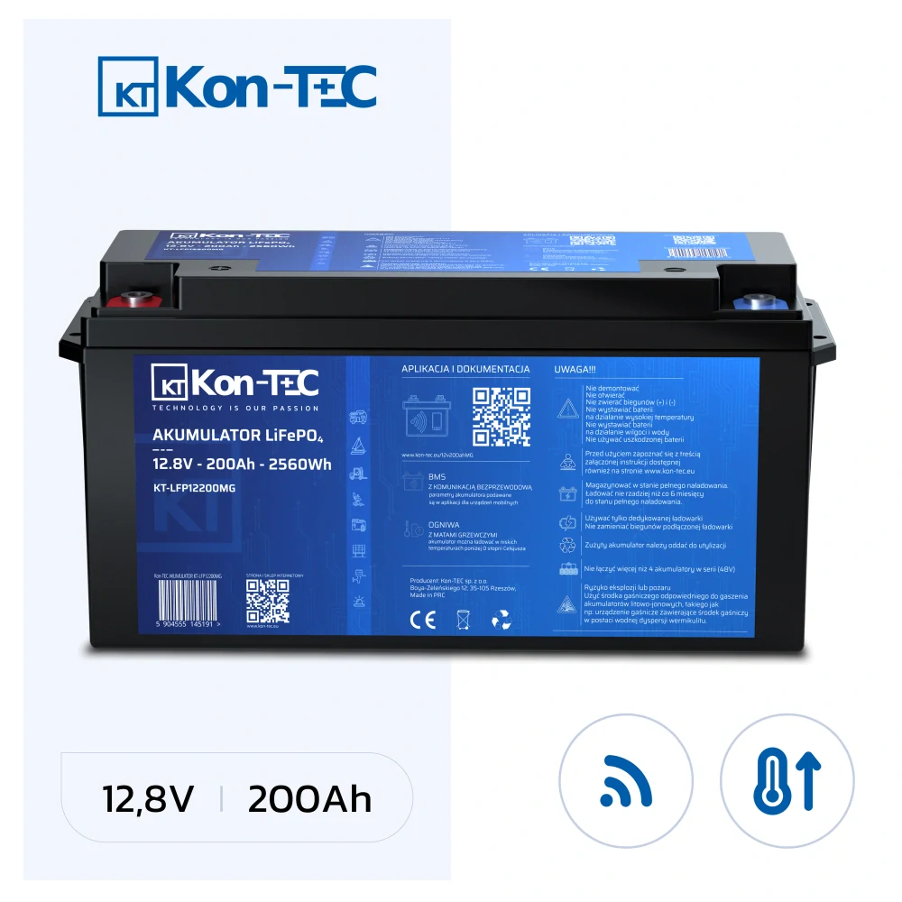 ❄️Baterie Kon-Tec Blue Line KT-LFP12200 Lithium-železo-fosfátová LiFePO4 baterie 12V, 12,8V 200Ah, 2560Wh - Wireless BMS System + funkce ohřevu baterie