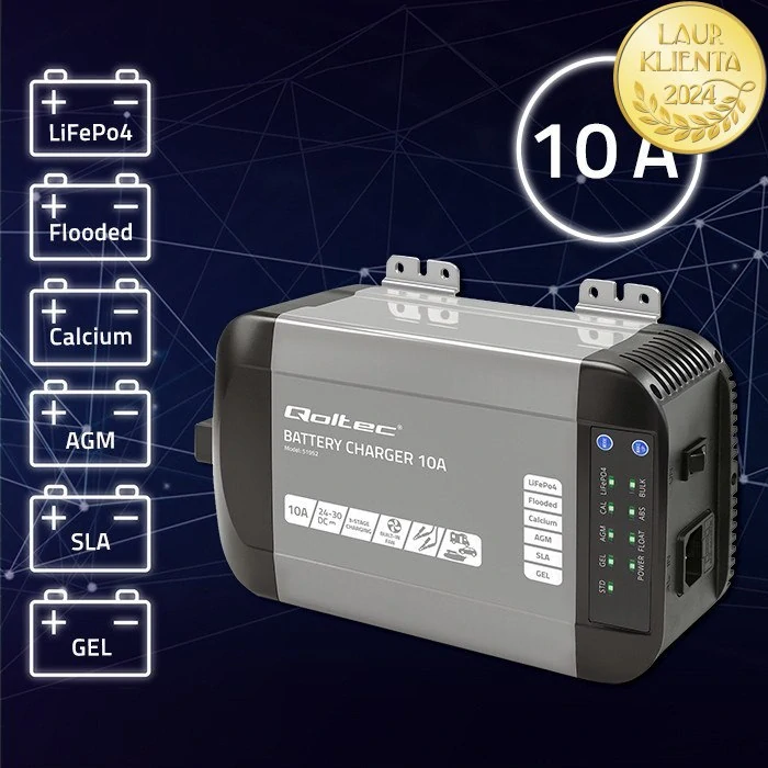 *Qoltec 51952 Intelligent Monolith nabíječka pro LiFePO4 AGM GEL SLA baterie | 10A | 24V