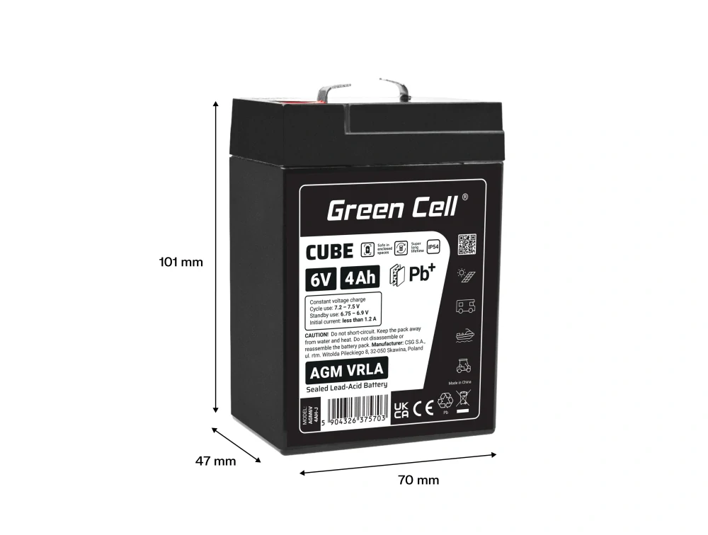 *Green Cell Cube AGM VRLA IP54 Baterie 6V 4Ah bezúdržbová baterie