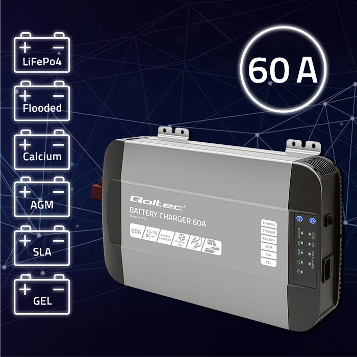 *Qoltec 51916 Inteligentní profesionální nabíječka Monolith pro LiFePO4 AGM GEL SLA baterie | 60A | 12V | Rychlé nabíjení