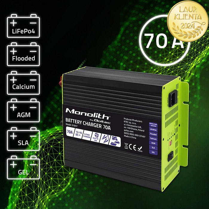*Qoltec 51917 Inteligentní profesionální nabíječka Monolith pro LiFePO4 AGM GEL SLA baterie | 70A | 12V | Rychlé nabíjení