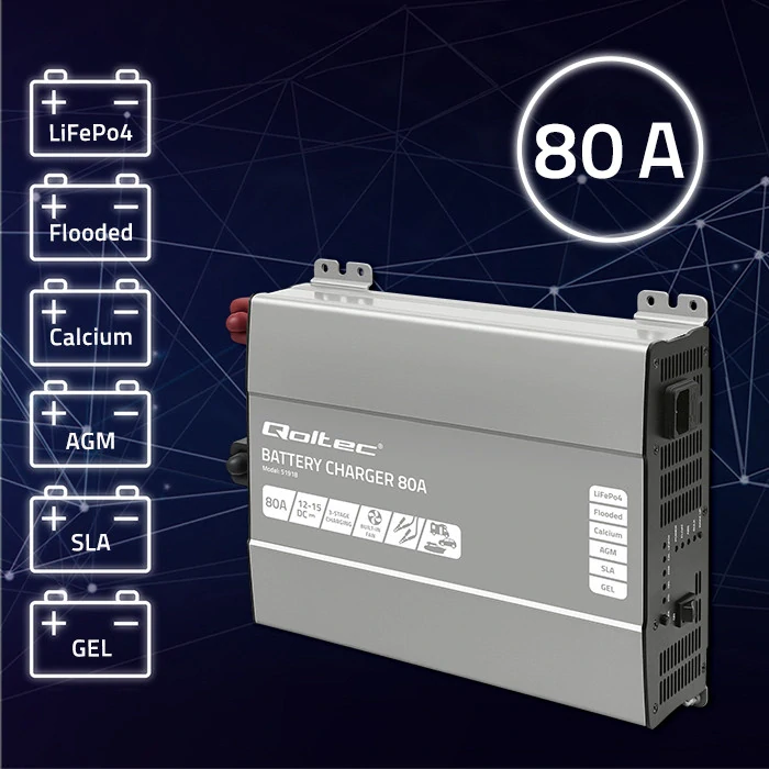 *Qoltec 51918 Inteligentní profesionální nabíječka Monolith pro LiFePO4 AGM GEL SLA baterie | 80A | 12V | Rychlé nabíjení