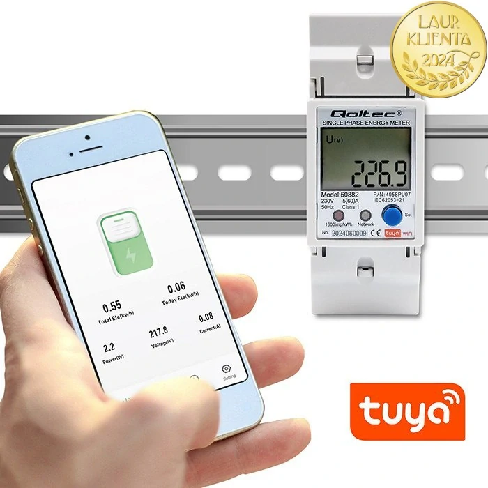 Qoltec 50882 Jednofázové elektronické počítadlo | měřič spotřeby energie na DIN lištu | Wifi | TUYA | 230V | LCD |