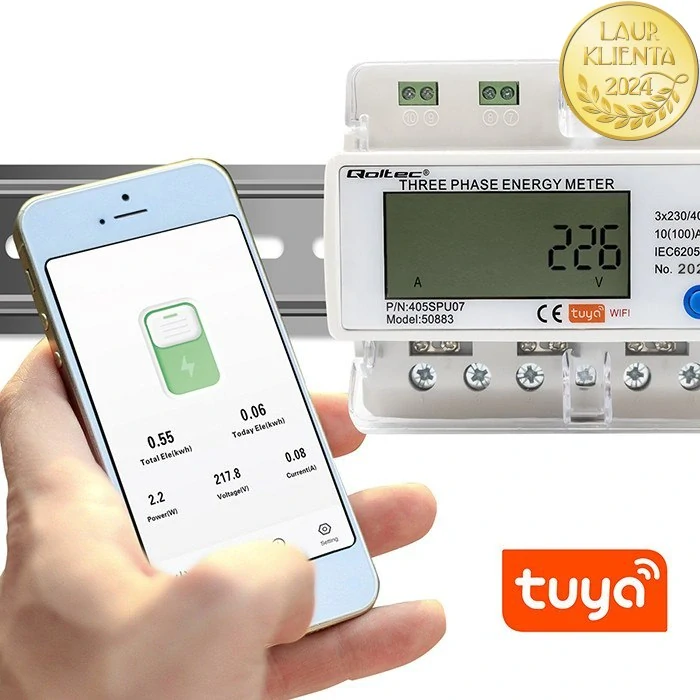*Qoltec 50883 Třífázové elektronické počítadlo | měřič spotřeby energie na DIN lištu | Wifi | TUYA | 400V | LCD |
