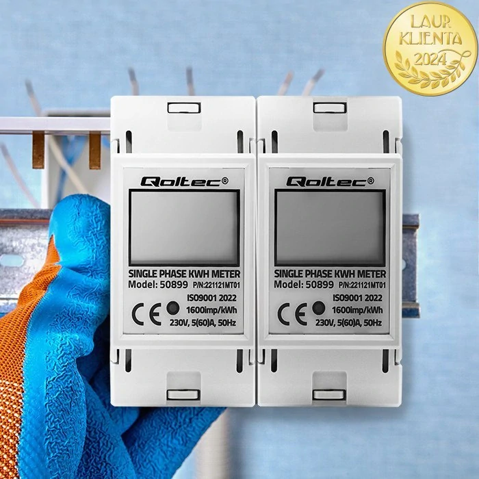 *Qoltec 50899 Jednofázové elektronické počítadlo | měřič spotřeby energie na DIN lištu | 230V | LCD | 2P