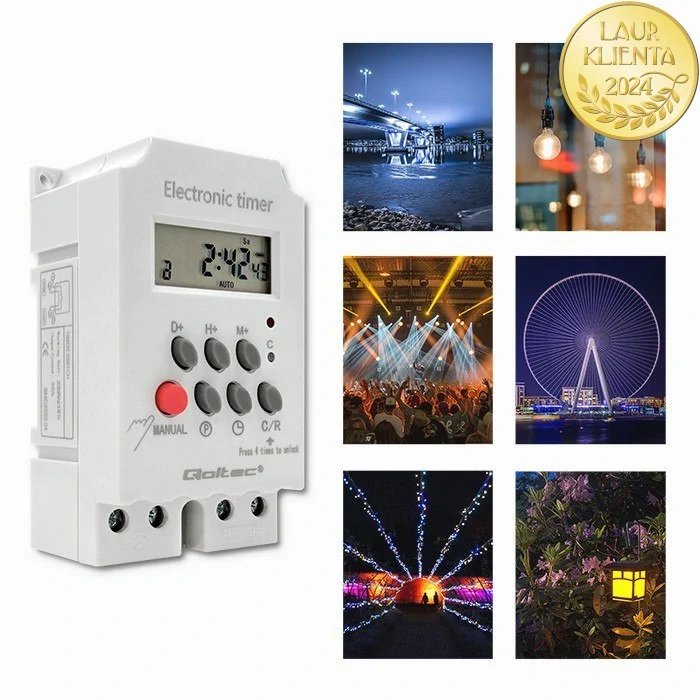 Qoltec 50629 Elektronický časovač PC0629 na lištu DIN | LCD