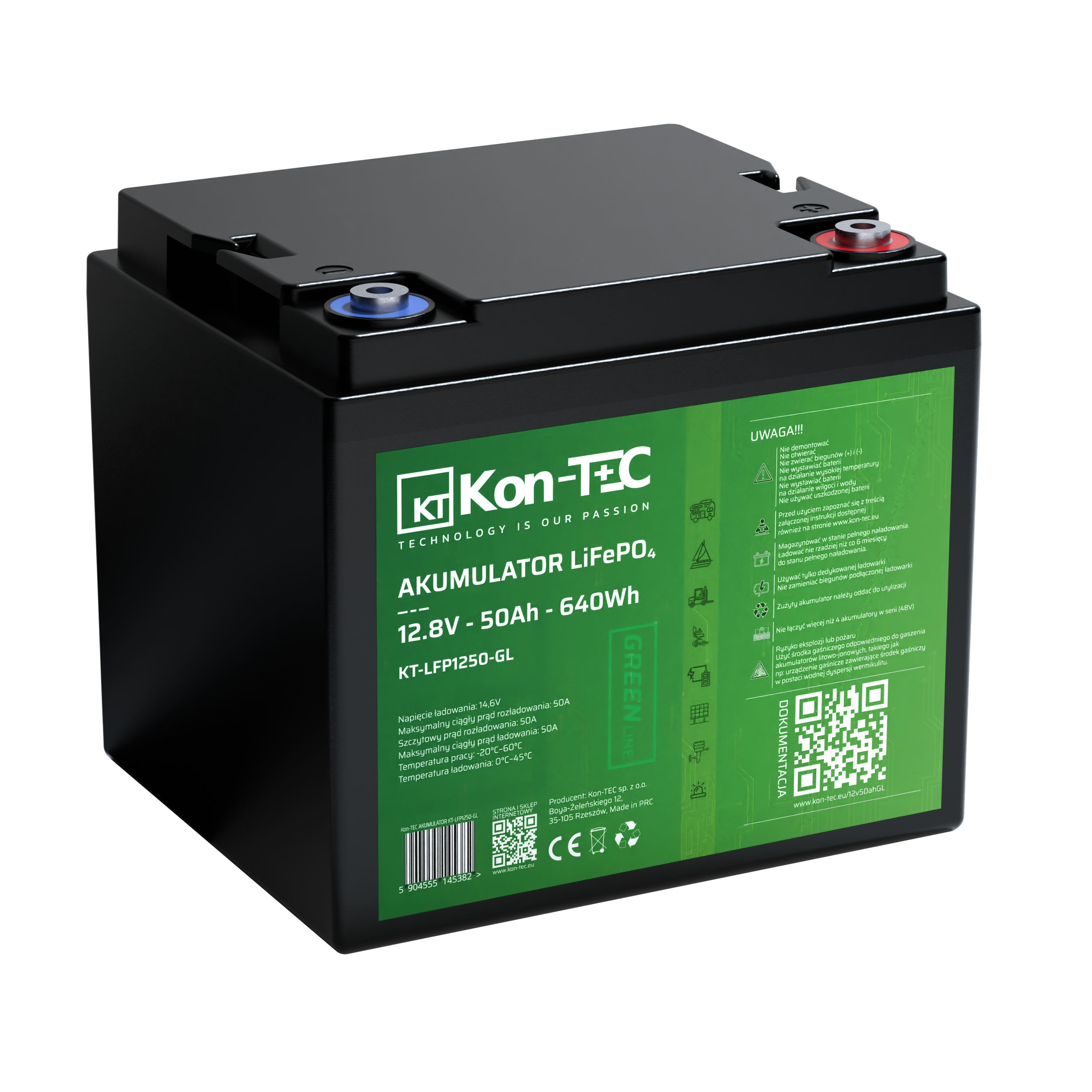 *Baterie Kon-Tec KT-LFP1250-GL Green Line Lithium-železo-fosfátová LiFePO4 baterie 12V, 12,8V 50Ah, 640Wh Wireless BMS System