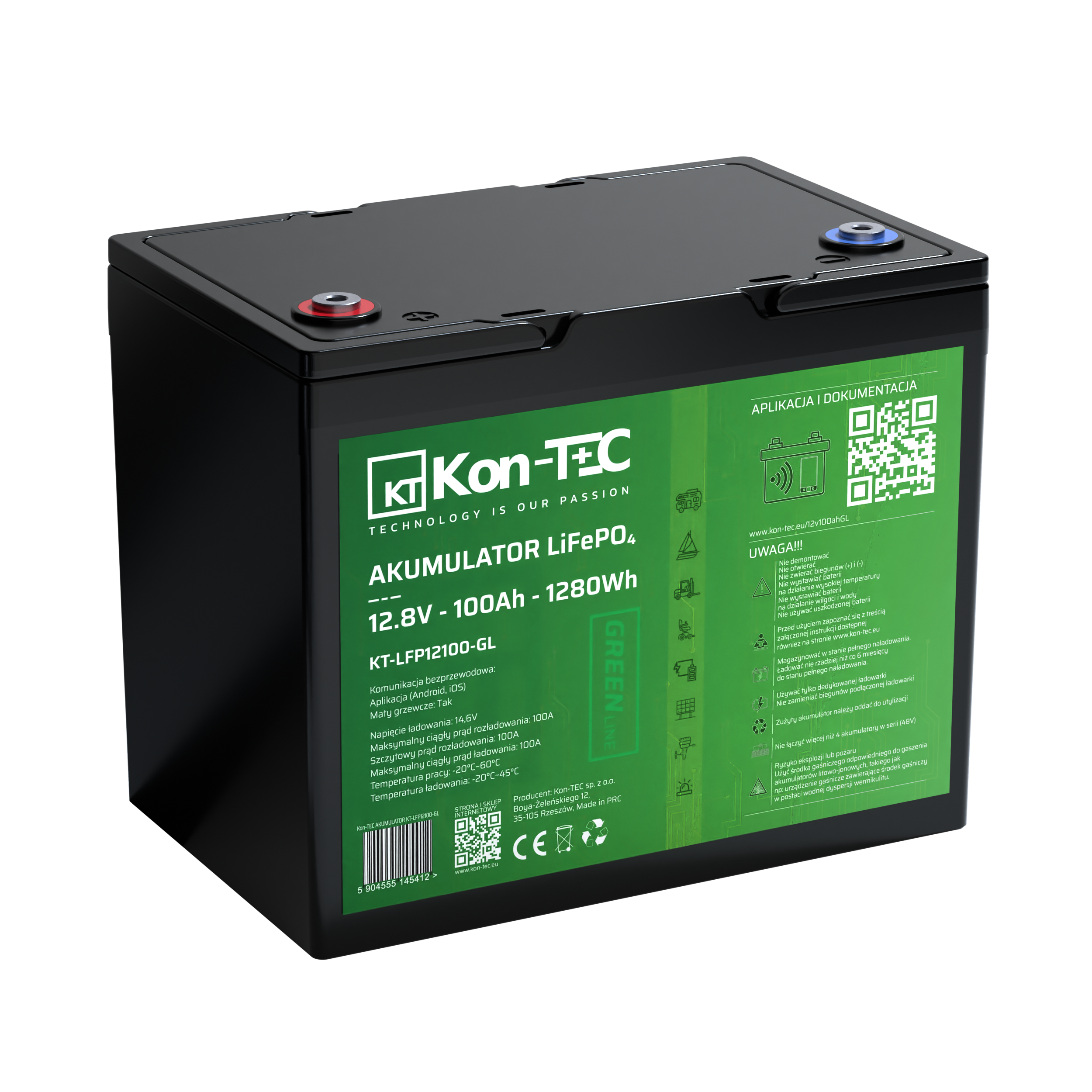 *❄️Baterie Kon-Tec KT-LFP12100-GL Green Line Lithium-železo-fosfátová LiFePO4 baterie 12V, 12,8V 100Ah, 1280Wh - Wireless BMS System + funkce ohřevu baterie | Aplikace v češtině