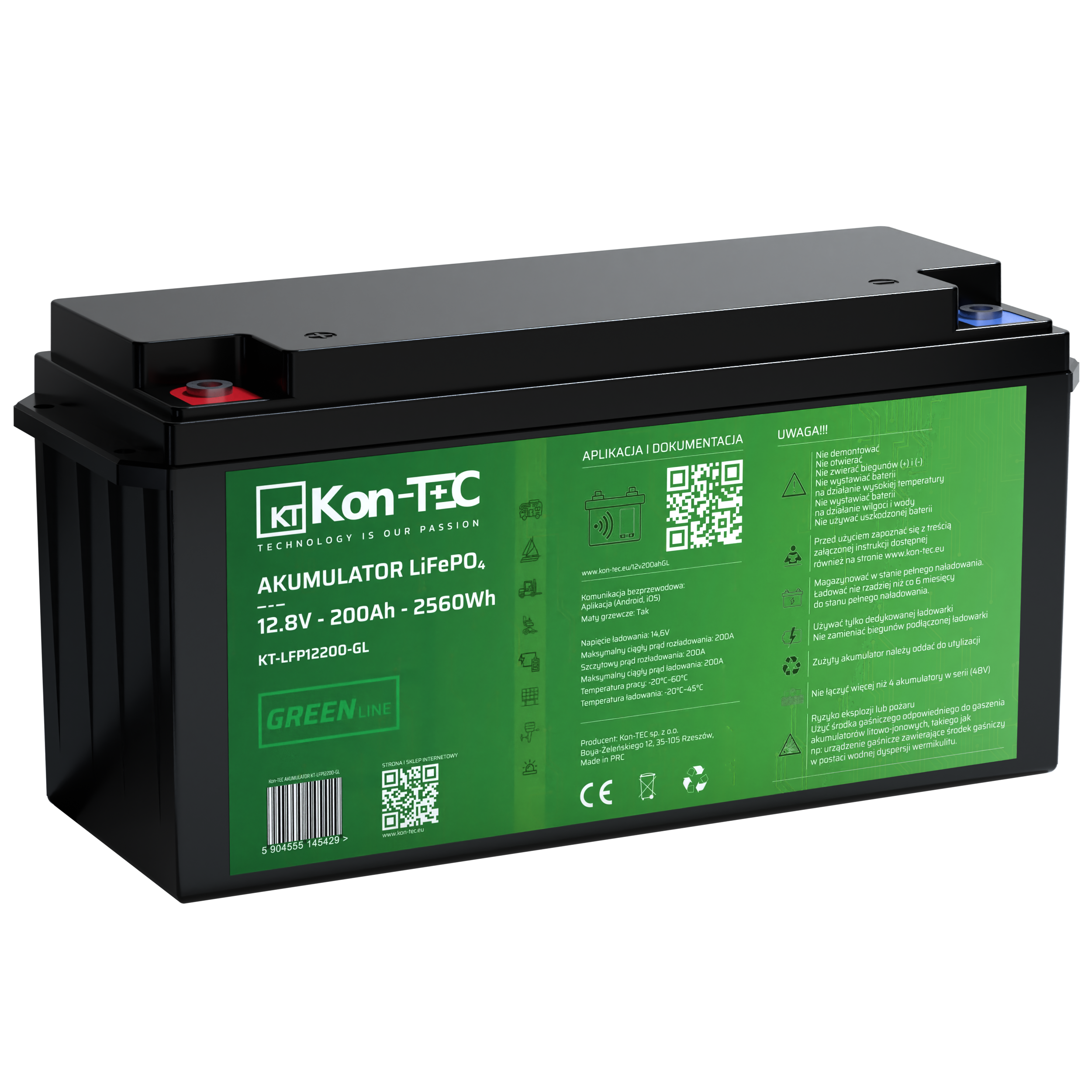 *❄️Baterie Kon-Tec KT-LFP12200-GL Green Line Lithium-železo-fosfátová LiFePO4 baterie 12V, 12,8V 200Ah, 2560Wh - Wireless BMS System + funkce ohřevu baterie | Aplikace v češtině