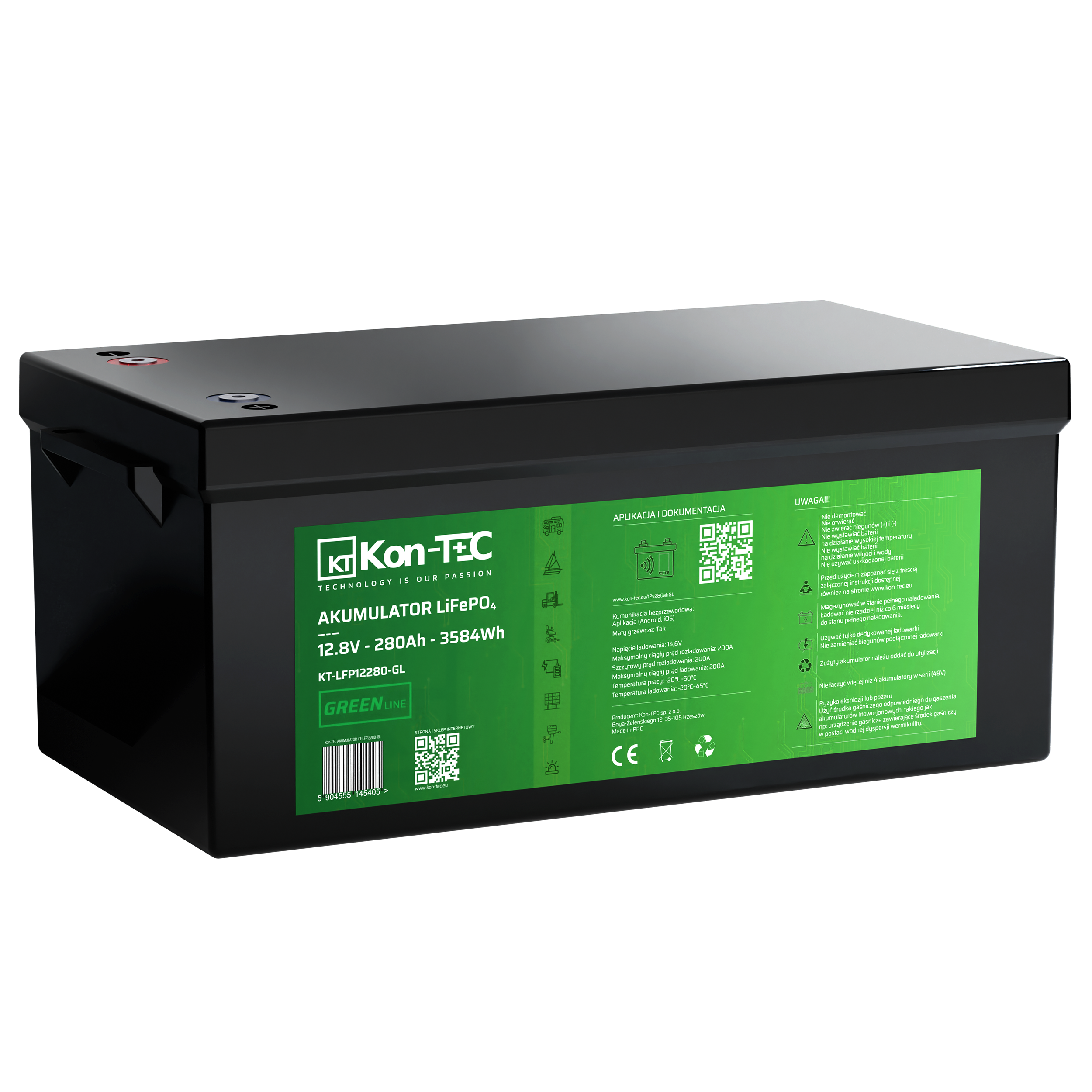 *❄️Baterie Kon-Tec KT-LFP12280-GL Green Line Lithium-železo-fosfátová LiFePO4 baterie 12V, 12,8V 280Ah, 3584Wh - Wireless BMS System + funkce ohřevu baterie | Aplikace v češtině