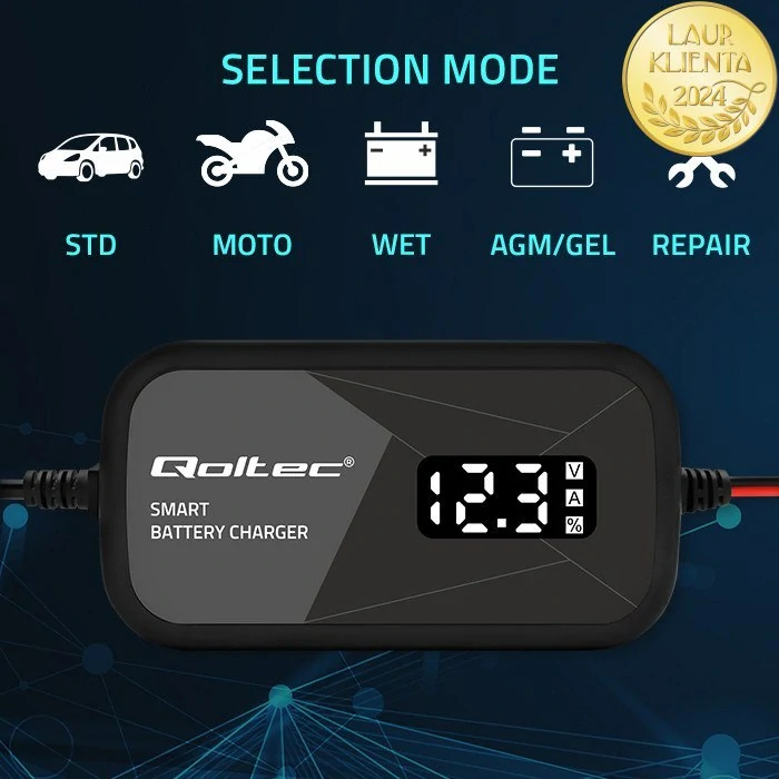 *Qoltec 52492 Inteligentní 12V Mikroprocesorová Nabíječka s LCD | 2A | Regenerace AGM GEL Baterií