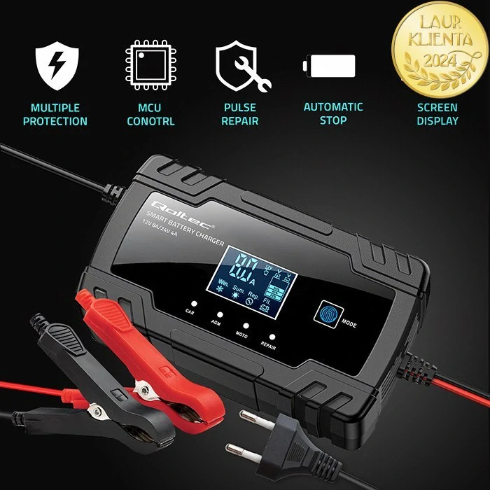 Qoltec 52490 Inteligentní 12V 8A | 24V 4A Mikroprocesorová Nabíječka s LCD | Regenerace AGM GEL Baterií