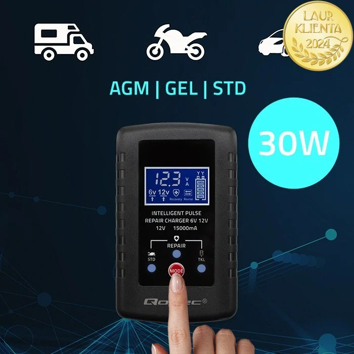 *Qoltec 52426 Automatická nabíječka baterií Qoltec AGM GEL STD 6V/12V 2A | Nabíječka s funkcí opravy a LED displejem